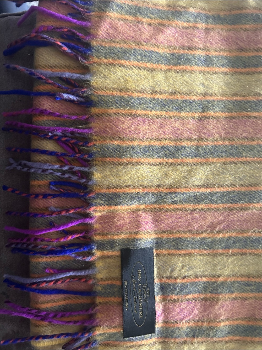Johnstons of Elgin Striped Cash Scarf in Pink, Yellow & Gray with Purple Fringe